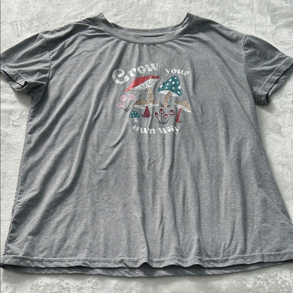 Gray Short Sleeve Tee with Mushroom Print